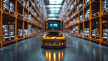 Autonomous robots navigate through a spacious warehouse filled with neatly organized pallets, efficiently managing the movement of freight and inventory in a modern logistics environment. photo