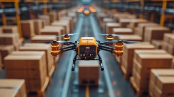 High tech drones are actively maneuvering through a logistics warehouse, sorting and managing inventory as they facilitate efficient storage and distribution tasks. photo