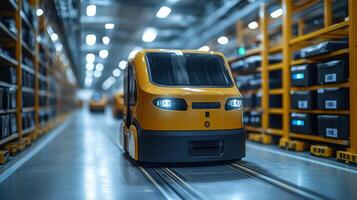 Robots navigate through aisles in a warehouse, transporting inventory to streamline sorting and fulfillment processes amidst organized storage systems. photo