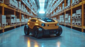 In a busy warehouse, an automated robot navigates through storage aisles, enhancing sorting and inventory efficiency for seamless logistics operations. photo