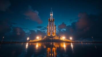 A powerful rocket is positioned on a launch pad, illuminated by bright lights against a deep blue night sky. Reflections shimmer on the wet ground, hinting at an imminent launch. photo