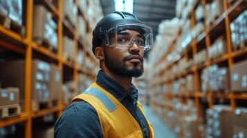 A diligent worker wearing safety goggles and a helmet surveys the expansive warehouse filled with neatly arranged boxes, ensuring effective logistics and inventory management. photo