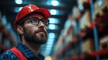 An employee in a red hard hat and glasses inspects inventory racks in a logistics hub, focusing on optimizing sorting and fulfillment operations during busy hours. photo