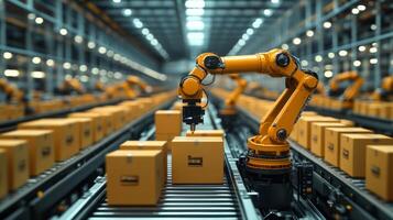 Robotic arms efficiently sort and package boxes on conveyor belts in a spacious warehouse dedicated to logistics and distribution activities, enhancing fulfillment speed. photo