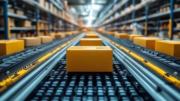 Rows of yellow cardboard boxes are positioned on conveyor belts in a busy warehouse. The system ensures efficient distribution and management of freight and inventory. photo