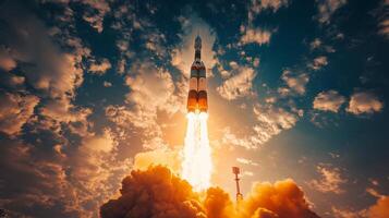 A rocket ascends towards the sky, engines blazing as smoke billows beneath. The launch occurs at sunset, illuminating the clouds and showcasing the power of aerospace innovation. photo