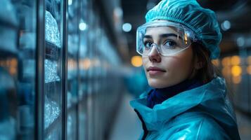 A warehouse worker in protective gear inspects storage shelves filled with items, ensuring proper sorting and organization within the logistics hub during evening hours. photo