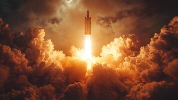 A large rocket lifts off into the sky, releasing plumes of fire and smoke while leaving behind a cloud filled landscape. The powerful propulsion is visible against the darkening evening sky. photo