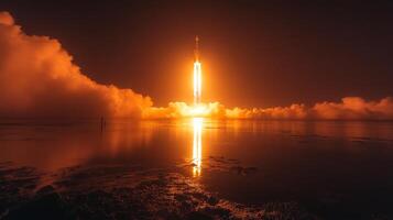 A rocket ascends powerfully into the atmosphere, casting an intense glow over the clouds and reflecting on the water's surface, showcasing the technological marvel of space exploration. photo