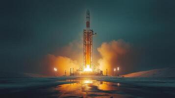 A rocket lifts off from its launch pad, igniting bright flames and smoke as it ascends into the night sky, marking the beginning of its spaceflight journey. photo