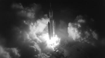 A rocket is lifting off from the launch pad with intense thrust, surrounded by thick clouds of smoke. The scene captures the moment of departure towards space. photo