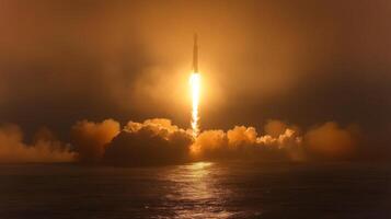 A rocket ascends into the atmosphere, creating a stunning blaze against the dark sky. The launch generates massive clouds of smoke and water vapor, highlighting advanced aerospace technology. photo
