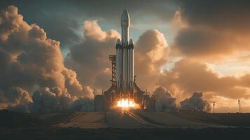 A rocket is launched into the sky, displaying intense flames and smoke clouds against a vibrant sunset. This advanced propulsion system highlights the evolving capabilities of space technology. photo
