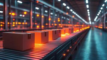 Packages move along a conveyor belt in a bustling warehouse hub, highlighting advanced sorting and fulfillment processes in a busy logistics environment. photo