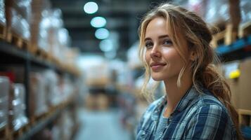 A worker stands in a spacious warehouse filled with shelves of stored goods, overseeing inventory tasks and ensuring efficient logistics operations throughout the day. photo