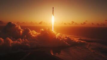 Rocket launches into the sky at sunset, with fiery propulsion creating a dynamic contrast against the clouds and ocean, emphasizing advancements in aerospace recovery and reentry techniques. photo