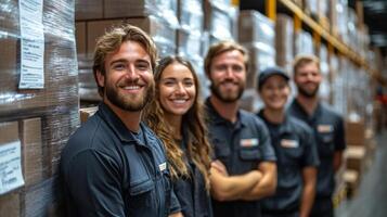 A dedicated logistics team stands together in a warehouse, showcasing their strong teamwork amidst rows of organized inventory and cargo ready for distribution. photo