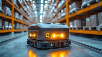 A robotic device navigates through a large warehouse filled with storage racks, assisting in inventory management and fulfillment tasks during peak operational hours. photo