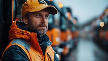 A logistics professional stands confidently next to a fleet of trucks at a distribution center, monitoring operations under gray skies while rain dampens the environment. photo