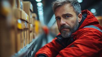 A warehouse worker monitors storage and distribution processes while ensuring the proper organization of inventory during evening shifts in a bustling logistics facility. photo