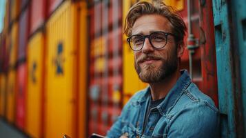 A man with glasses and a beard sits relaxed against colorful shipping containers. The atmosphere reflects a busy logistics hub focused on freight and inventory management. photo