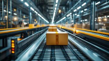 Packages are actively moving along a conveyor belt inside a spacious warehouse. Workers are focused on sorting and managing inventory in the busy distribution hub. photo