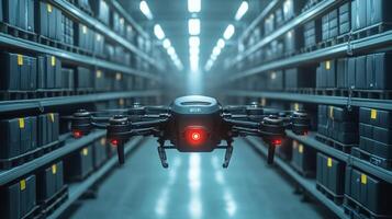 A drone is maneuvering between storage shelves filled with boxes, actively engaged in inventory tracking and logistics optimization in a bustling warehouse environment. photo
