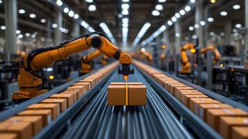 Robotic arms are actively sorting packages on a conveyor belt in a logistics warehouse. The environment is well lit, emphasizing the advanced technology used in inventory management. photo