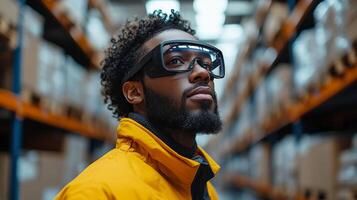 A logistic worker assesses inventory in a spacious warehouse filled with neatly arranged storage boxes. The individual wears smart glasses, enhancing operational efficiency and tracking. photo