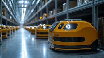 Autonomous robots transport goods through a well organized warehouse, enhancing efficiency in inventory management and distribution operations during peak hours. photo