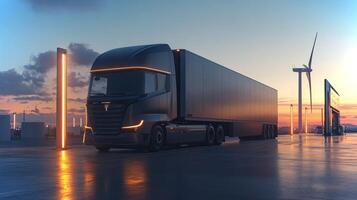 A futuristic truck stands at a logistics hub during dusk, illuminated by soft lights. Wind turbines can be seen in the background, symbolizing sustainable transport solutions. photo