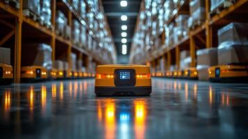 Robotic systems function efficiently in a warehouse, moving items across the facility to optimize storage and enhance order fulfillment during peak hours. photo
