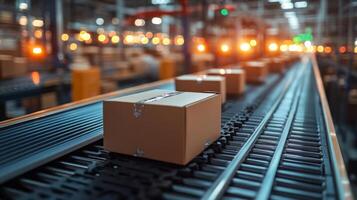Packages move seamlessly along a conveyor belt in a bustling distribution hub, showcasing an efficient logistics process focused on inventory and fulfillment tasks. photo