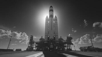 A rocket is positioned at the launch location, bathed in sunlight with clouds in the background, ready for an impending lift off into space and orbital missions. photo