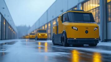 Autonomous vehicles are navigating a large warehouse in winter, enhancing efficiency in logistics and sorting operations while managing inventory and fulfillment tasks. photo