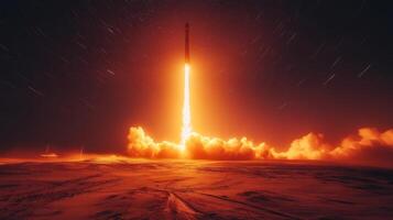A powerful rocket launches into the early morning sky, surrounded by fiery exhaust and clouds, showcasing cutting edge propulsion technology in aerospace exploration. photo