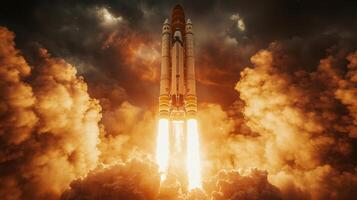The rocket ascends rapidly, producing intense flames and smoke while embarking on a spaceflight mission, showcasing advanced propulsion technology and engineering brilliance. photo