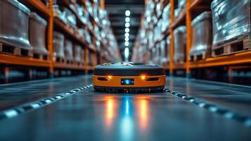 A sleek, automated robot moves down the aisle of a well organized warehouse, optimizing the storage and retrieval of goods while enhancing logistics processes for better efficiency. photo