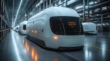 Automated transport vehicles are lined up in a spacious warehouse designed for logistics, showcasing advanced technology for efficient shipping and inventory handling. photo