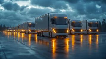 Numerous trucks are parked in a neatly organized row at a logistics hub during twilight, highlighting the importance of distribution and storage in inventory operations. photo