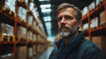 A warehouse manager stands confidently among tall shelves filled with packaged goods, ensuring efficient sorting and fulfillment of logistical tasks during daylight hours. photo