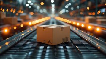 A package rests prominently on a conveyor belt within a well lit logistics hub. Staff are sorting items, ensuring smooth distribution during peak operational hours. photo