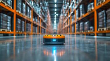 An automated robot navigates through a large warehouse filled with stacked pallets, efficiently managing inventory and processing freight operations under bright lighting conditions. photo