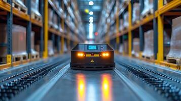 Automated vehicle moves along a track in a warehouse, sorting and transporting items to improve distribution performance and optimize storage space usage. photo