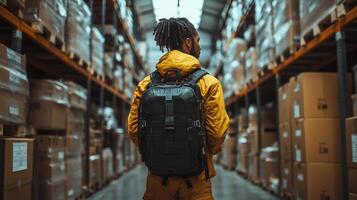 An individual wearing a yellow jacket and a backpack stands in the middle of a warehouse, surrounded by organized stacks of boxes and pallets, assessing the distribution area. photo