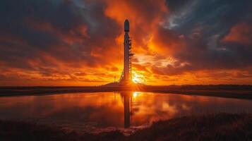 A rocket stands ready for launch at a coastal spaceport, silhouetted against a vibrant sunset with orange and purple hues, reflecting on the still water below and enhancing the scene. photo