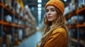 A young woman with long hair and a bright orange beanie stands in a logistic hub, surrounded by rows of shelves filled with various boxes and goods. photo