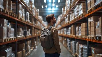 A person stands in a vast warehouse, surrounded by tall shelves filled with boxes and pallets, assessing the organized inventory and storage setup throughout the distribution center. photo