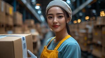 A woman in a yellow apron and cap stands in a bustling warehouse filled with cardboard boxes. She confidently holds a package, surrounded by organized storage areas and sorting stations. photo