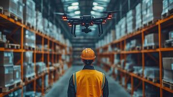 A worker in a safety helmet and vest supervises a drone navigating through a busy warehouse, ensuring efficient inventory management and logistics operations. photo